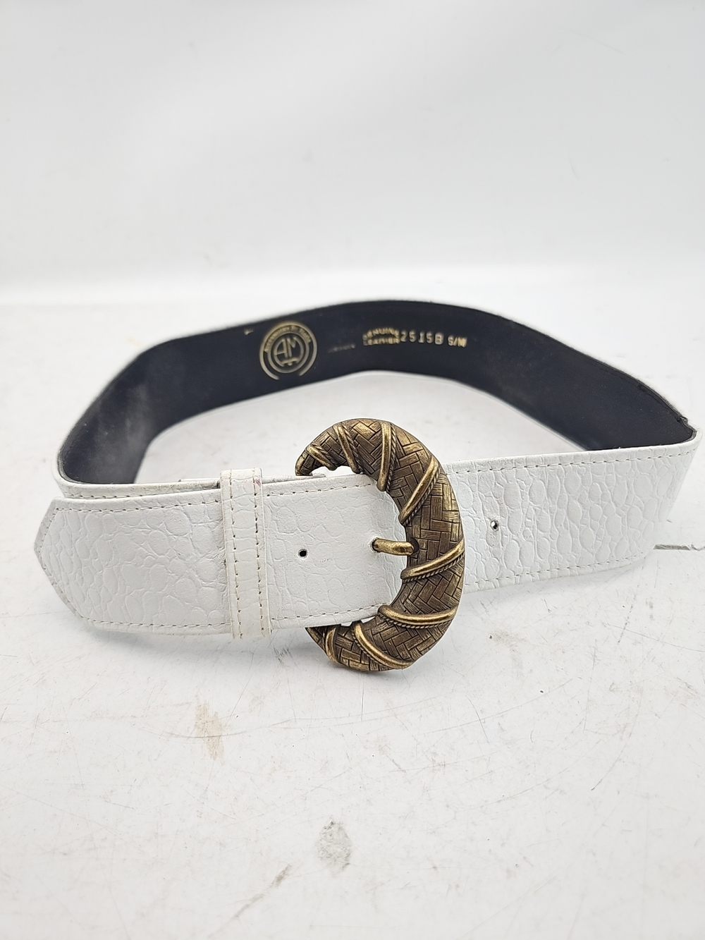 White Snakeskin Belt with Woven Bronze Buckle